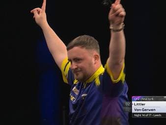 Michael van Gerwen und Luke Littler spielen das erste Viertelfinale des 14. Spieltags der Premier League of Darts und liefern sich im ersten Leg ein Doppel-Drama.