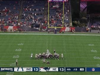 Im ersten Spiel nach der Super-Bowl-Niederlage gegen die Seattle Seahawks treffen die New England Patriots in der NFL-Preseason auf die Indianapolis Colts. Ein später Fehlschuss kostet sie dabei den möglichen Sieg.